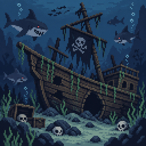 Kawaii spooky Sunken shipwreck with spooky sharks swimming around it