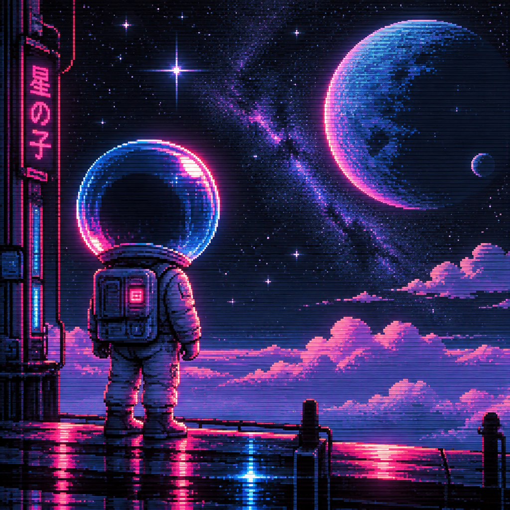 faceless child astronaut with a large bubble helmet in front of stars with a few cliuds