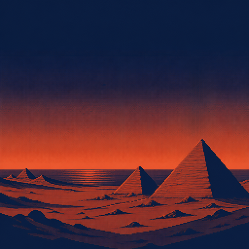 retro pixel art style, dusk over a pyramid landscape with a distant sea horizon beyond the
sand, strictly limited color palette (2-3 tones maximum): rust red and deep navy only, no
other hues, warm horizon line fading into a cold upper sky, empty of people and animals, wide
open space for overlay, no text