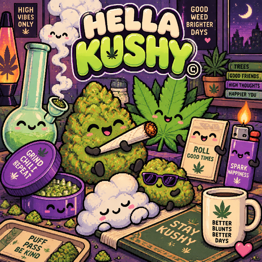 Convert the reference image into an original kawaii cannabis-themed illustration while preserving the overall playful composition and simple, charming aesthetic. Redesign every character as a unique cannabis-inspired object, such as cannabis nugs, fan leaves, buds, pre-rolls, smoke clouds, or other cannabis-themed elements. Avoid directly copying the original characters—each should be an original reinterpretation.
Add fun cannabis accessories and props throughout the artwork, including lighters, flames, smoke clouds, rolling papers, joints, grinders, hemp leaves, bongs and other cannabis-related details to enrich the scene.
Keep each character’s facial features extremely simple and cute, using the same minimal eye and mouth style as the reference. Give every character a new, unique facial expression that differs from the original while maintaining the same kawaii minimalism.
Replace all Japanese text with original cannabis-themed humor, puns, quotes, or playful sayings. Replace the primary logo with “HELLA KUSHY©”, using a bold, cute, sticker-style type treatment that complements the illustration.
Use a rich cannabis-inspired color palette featuring vibrant greens, neon lime, olive, orange,, deep purple, lavender, cream, and subtle pink hues. Include soft gradients and clean cel shading to create a polished, high-quality finish.