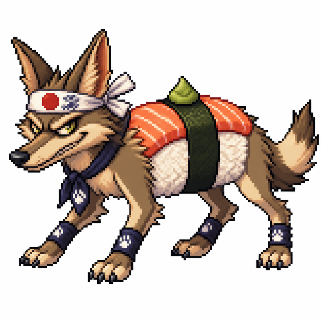 Cartoon sushi coyote (quadruped), full body, white background