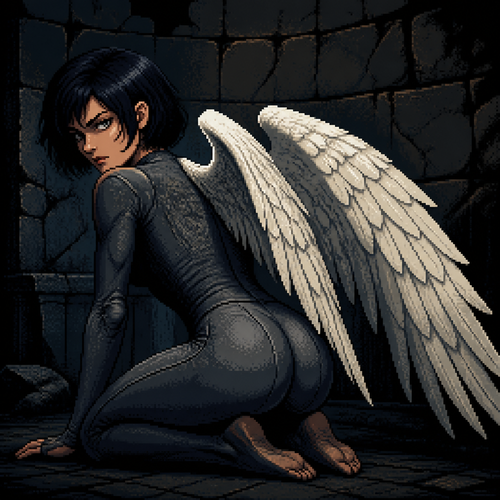 dark cracked stone wall background, woman with short dark hair kneeling low, large detailed white feathered wings extending from her back, wearing a fitted charcoal grey bodysuit, looking back over her shoulder with a sharp intense expression, dramatic side lighting emphasizing the texture of the wings, deep shadows, moody dramatic atmosphere, 16-bit pixel art, dithered shading, limited color palette, hard pixel edges, retro game aesthetic, cinematic framing