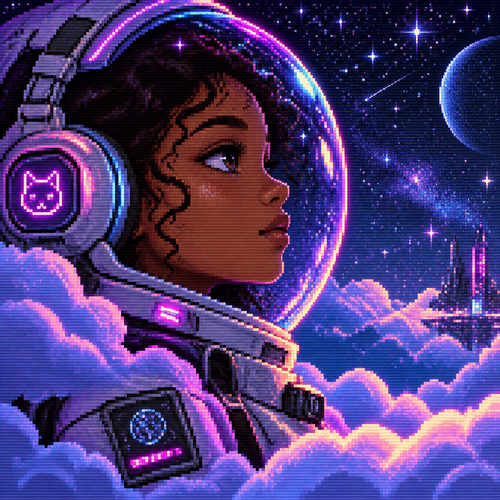 Close up profile of A young teen girl astronaut with brown skin and headphones is surrounded by fluffy clouds at night. Many stars are in background 
