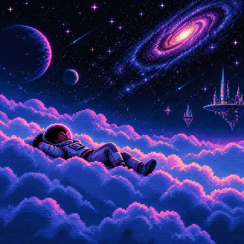A young girl astronaut with dark skin lays on her back on top of fluffy clouds beneath the stars seen from a distance 