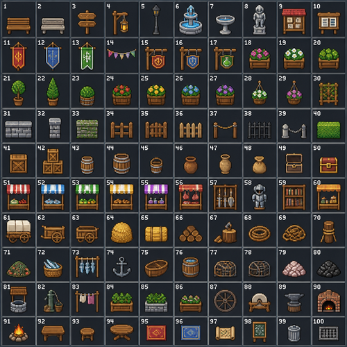A 2d orthogonal pixel sheet sprite list of 100 city and town decorations spaced evenly in 32x32 pixel spaces taking up their own space not interlacing and clean and crisp edges without antialiasing. Let’s do all town decorations including stalls, banners, planters, crates, barrels, chests, fishing net piles, rope piles, etc