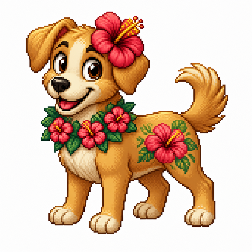 Cartoon hibiscus dog, full body, white background