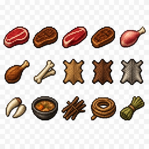 Create a 2D pixel art sprite sheet featuring 15 individual icons each exactly 32x32  pixels, arranged 5 horizontally and 3 vertically spaced evenly. Style: classic fantasy RPG, inspired by 16bit games, with crisp pixel art, clean outlines, subtle shading, and a cohesive color palette. Use a transparent background. Each Icon  should be centered within its 32x32 canvas and remain highly readable at small sizes. 




The 15 icons are:

1:  Raw Boar Meat
2: Cooked Boar Meat 
3: Raw Deer Meat 
4: Cooked Deer Meat
5: Raw Rabbit Haunch 
6: Cooked Rabbit Haunch  
7: Skeleton Bone
8:  Deer Hide
9: Boar Hide 
10: Wolf Pelt
11: Wolf Fangs - 2 fangs in a pile, alchemy ingredient 
12:  Hardy Soup
13:  Twigs 
14: Rope 
15:  Plant Fiber 

Requirements: 
	•	Each icon must be exactly 32x32 pixels.
  • All based off of real life variants.
   • All facing sideways so you see the side of their bodies.
	•	Output as a sprite sheet with each icon occupying its own 32x32 cell** DO NOT GO OUT PAST THESE PARAMETERs**
	•	Transparent background.
	•	No text, labels, borders, or UI elements.
	•	Consistent Fantasy RPG Aesthetic across all icons.
	•	High contrast and excellent readability for use in a game interface.
	•	Clean polished pixel art with enough detail for low resolution sprites.
	•	Avoid anti-aliasing, blurring, or painterly effects; preserve a true pixel art appearance.