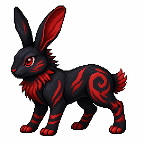 Black and red cartoon rabbit (quadruped), full body, white background