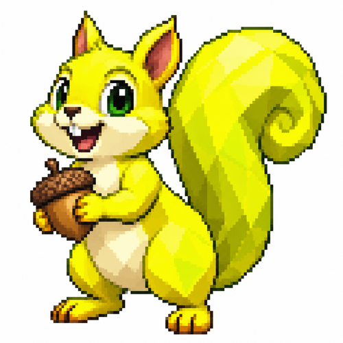 Low-poly neon yellow cartoon squirrel, full body, white background