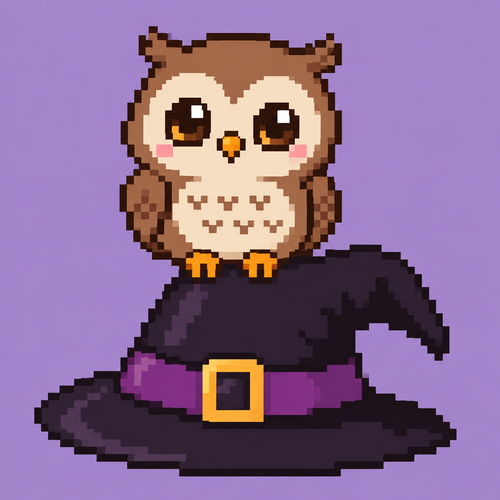 Cute kawaii owl on a witch hat. Plain background. 