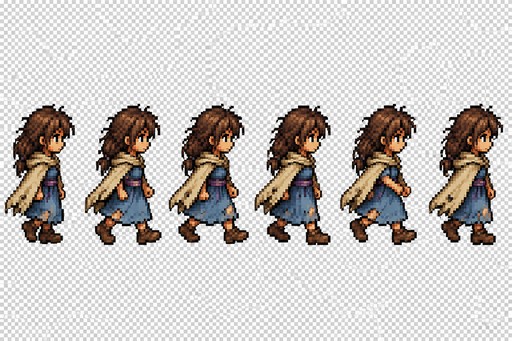 Create a pixel art character sprite sheet based on SNES jrpg gaming. The sprite sheet should feature a young poor girl, wearing a blue linen dress and a beige damaged cape. She is wearing a purple belt of fabric. It should have a side view walking with 6 frames of 16x32 pixels. Background must be transparent