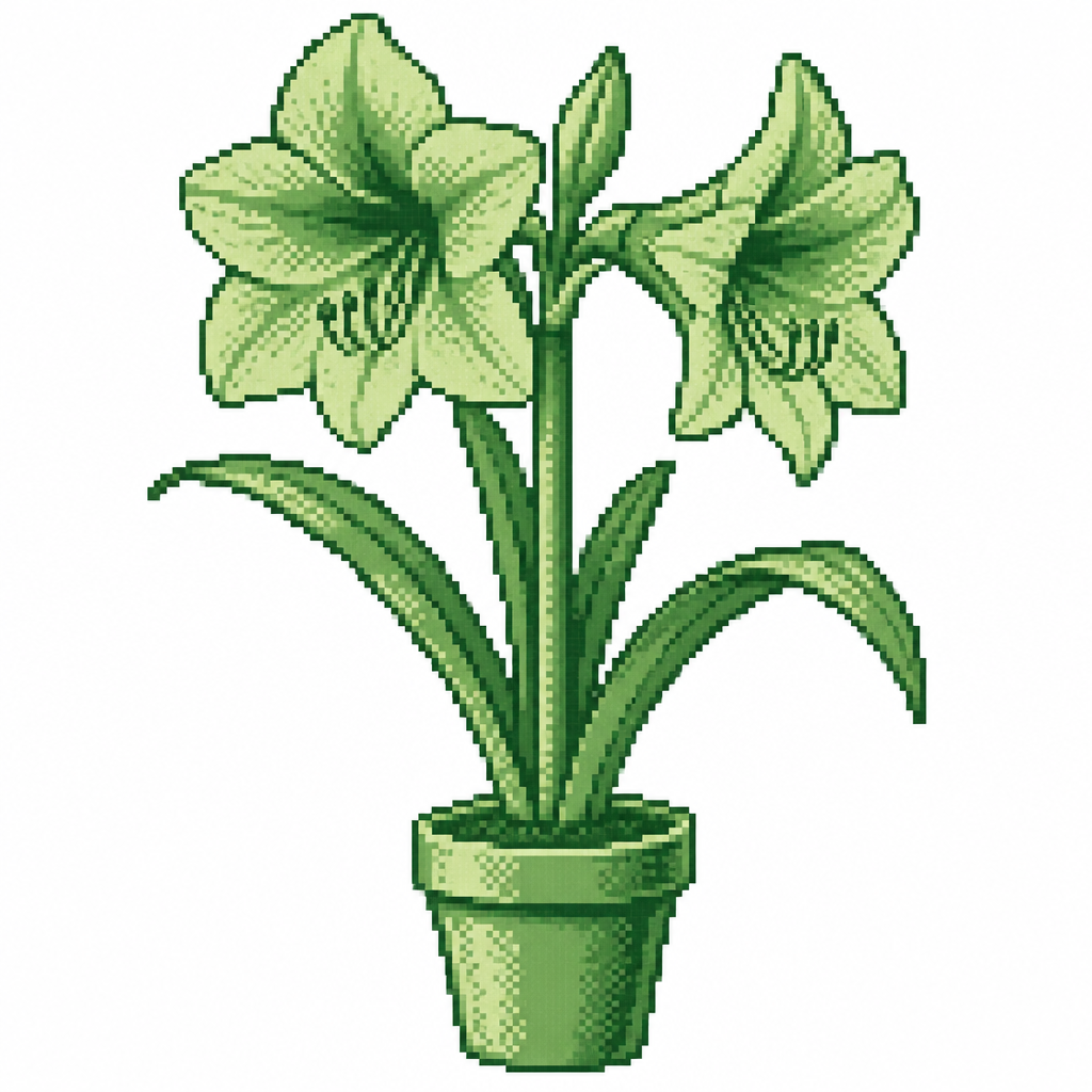 White background. A potted amaryllis with two detailed trumpet-shaped flowers and long leaves.