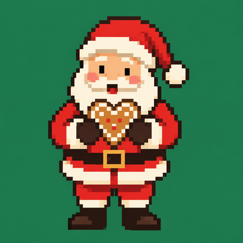 Santa holding a heart shaped cookie. Plain background
