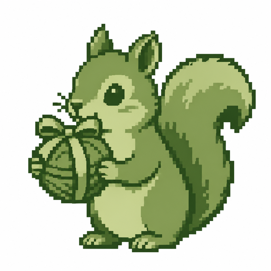 A squirrel holding a single ribbon-wrapped walnut. White background