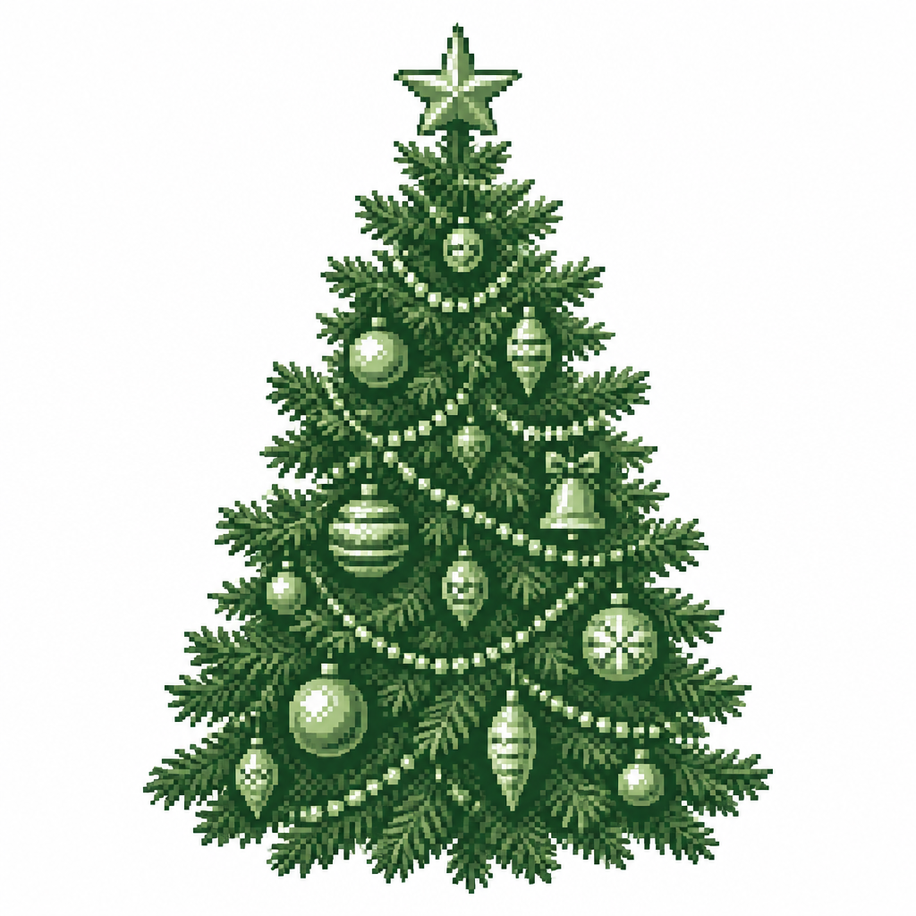 White background. single decorated fir tree with detailed needles, realistic ornaments, and no surrounding props