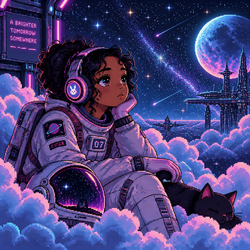 A young teen girl astronaut with brown skin and headphones is surrounded by fluffy clouds at night. Many stars are in background 