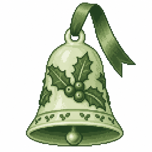 A ceramic Christmas bell with raised holly leaves and a satin hanging ribbon. White background 