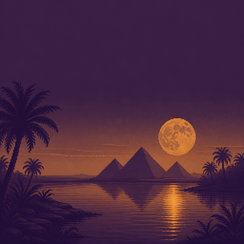 dark moody digital painting, twilight over a lush riverbank with the Great Pyramids
silhouetted across a wide, calm river, strictly limited color palette (2-3 tones maximum):
deep violet and amber only, no other hues, palm trees framing the water's edge, a massive
low-hanging full moon reflected on the surface, empty of people and animals, wide open
negative space above the horizon, no text