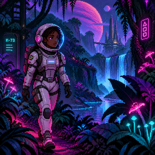 A young astronaut girl with dark skin walks through an alien jungle