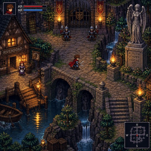Une scène de jeu d'action-aventure fantasy en vue de dessus, inspirée des jeux 2D de la génération PlayStation, avec des sprites détaillés, une palette riche, des effets de lumière et des décors plus complexes, comme si un jeu SNES de 1991 avait été développé pour la PlayStation en 1996.
