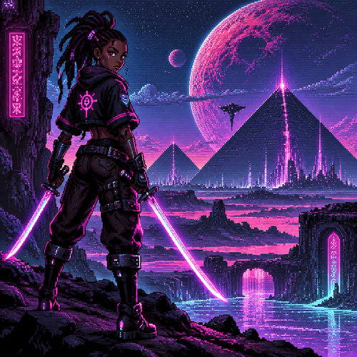 Young girl with dark skin is holding two swords on an alien world with pyramids