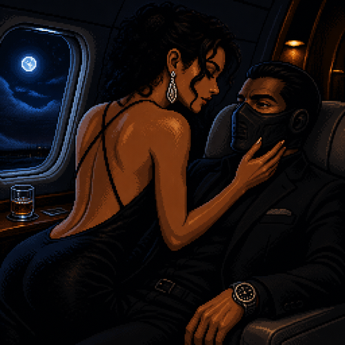 interior of a dark private jet cabin at night, close-up cinematic angle, tan-skinned Hispanic woman with curly dark hair leaning over a seated man, elegant backless black dress, large drop earrings, hand resting near his face, man wearing a sleek black tactical mask covering the lower half of his face with only his eyes visible, dark suit, wristwatch visible, reclining in his seat, cool blue moonlight coming through the jet window on the left, warm amber cabin lighting on skin tones, dramatic high-contrast noir lighting, moody luxury atmosphere, tight cropped composition emphasizing the two figures, 16-bit pixel art, dithered shading, limited color palette, hard pixel edges, retro game aesthetic, cinematic framing