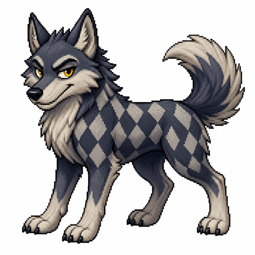 Cartoon wolf with diamond patterned fur, full body, white background