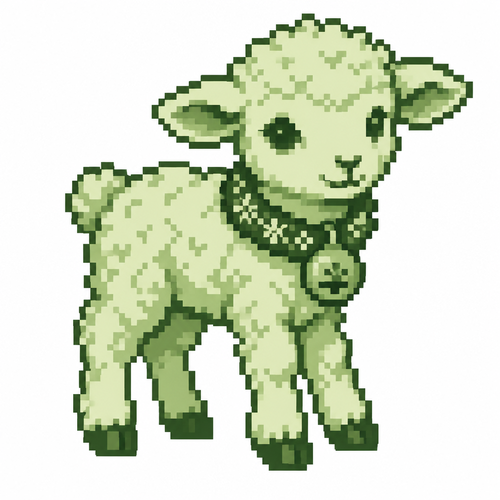 A lamb wearing a woven Christmas collar with one engraved bell. White background.
