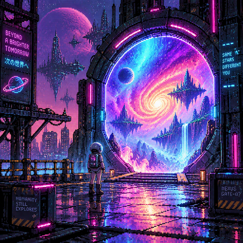 A young girl astronaut seen from a distance stand in front of a colorful portal to another dimension