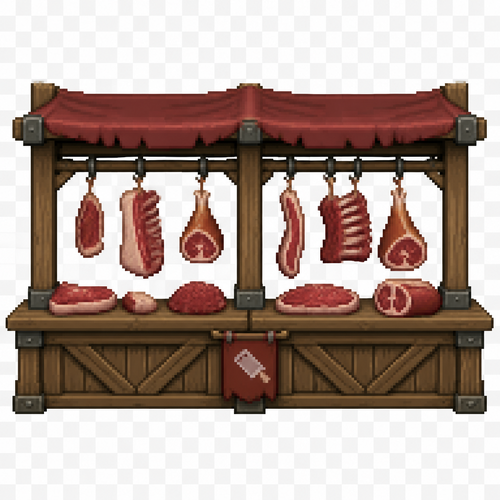 Can you generate me a fantasy style medieval 64x64 pixeled double wide wooden market stall that sells meat front view on a completely transparent background. I want there to be no people. I want some raw meat hanging from the top bars, and some meat on the table. 