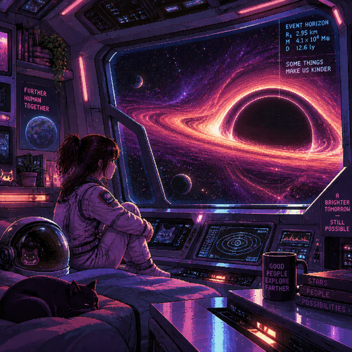 A young girl astronaut sits in a beautiful spaceship wiyh s giant window that looks out to a black hole