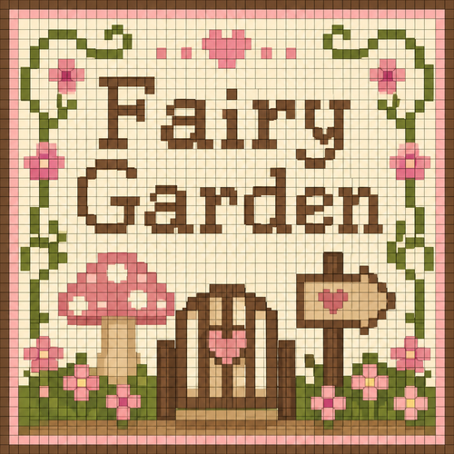 Create a 32×32 pixel art image for an Animal Crossing: New Horizons custom design. The canvas must contain exactly 32 columns × 32 rows of discrete square cells. Each cell must be a single, completely uniform solid color. NO gradients, shading, anti-aliasing, texture, dithering, highlights, transparency, or multiple colors within any individual cell. Every color change must occur only at the boundary between two cells. Make every pixel a perfect square of identical size. Add a thin grid line around every individual 1×1 pixel cell so all 32×32 cells are clearly visible. It should say Fairy Garden in beige, brown, pink neutral colors. Use a limited color palette and hard edges only. Do not create details smaller than one pixel.