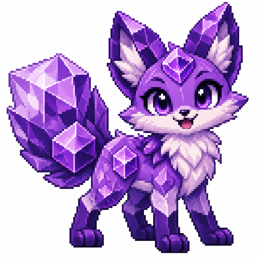 Cartoon amethyst cube fox, full body, white background