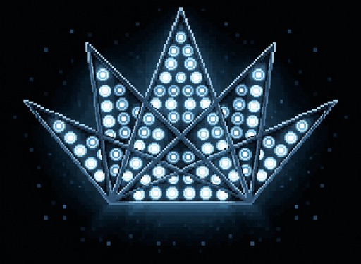 Glowing blue pixel art crown against a dark starry background