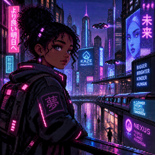 A young girl with dark skin in a futuristic city