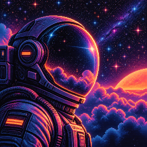 close-up profile of a faceless astronaut with a bubble helmet in front of clouds and stars. Colors are orange, pinks, blues and purples add more stars in background