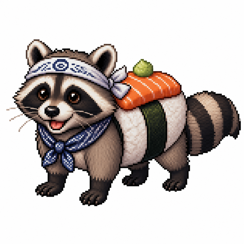Cartoon sushi raccoon (quadruped), full body, white background