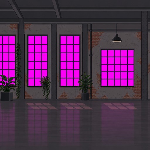 Pixel art industrial room with glowing magenta windows, potted plants, and floor reflections
