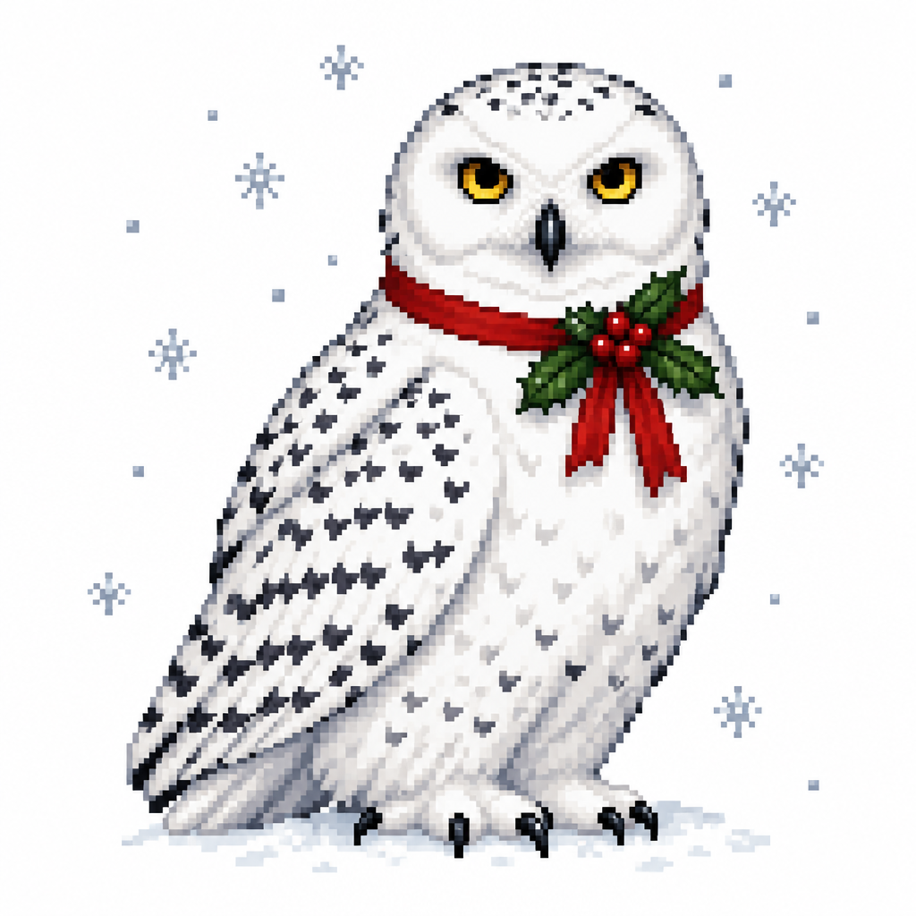 High contrast image on a white background of snowing owl, wearing a simple Holly decorated neck ribbon