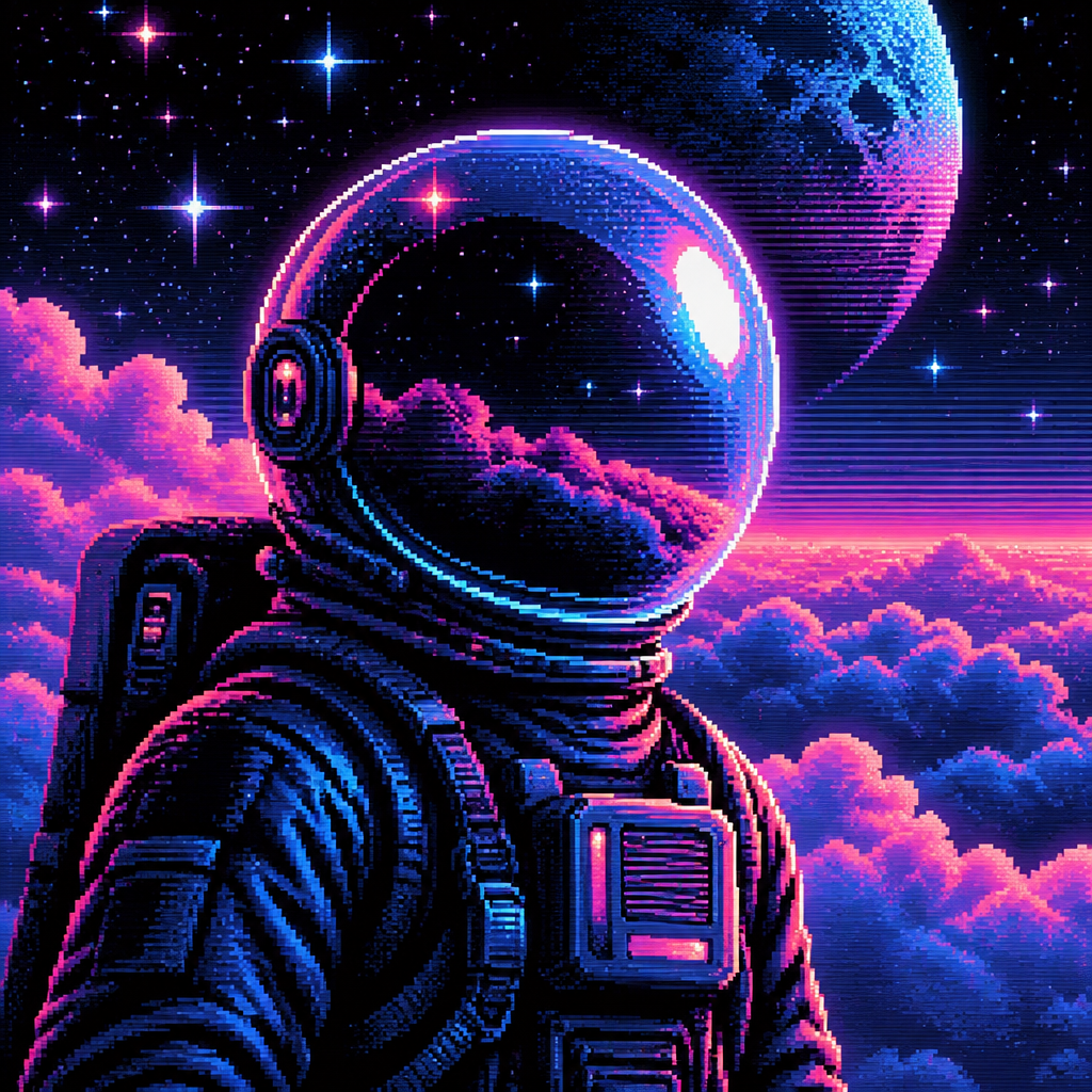 faceless astronaut with a bubble helmet in front of clouds and stars.