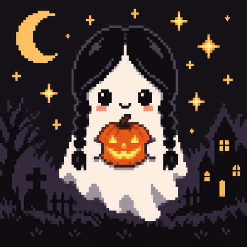 Cute kawaii ghost with Wednesday Adam’s braids holding a lit up jack-o’-lantern. Stars surrounding her 
