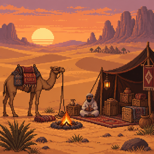 Make a desert scene with camel and merchant in a desert camp site
