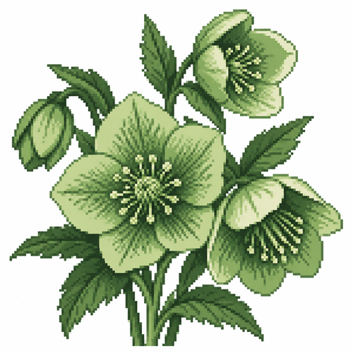 A cluster of winter hellebore blooms with detailed petals and stamens. White background.