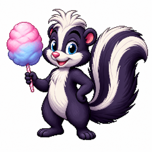 Cartoon cotton candy skunk, full body, white background