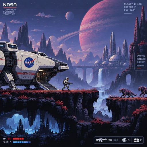 Futuristic NASA Punk dropship two-dimensional side scroller