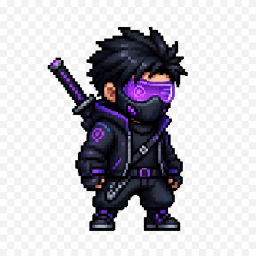 Make me a video game character 64x64 dimensions big head sort of like old super Mario brother type of character build make me a epic cyber punk guy with a sword on his back wherein a cool mask see through background just the character
