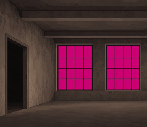 Pixel art of an empty room with two bright pink grid windows and a dark doorway.