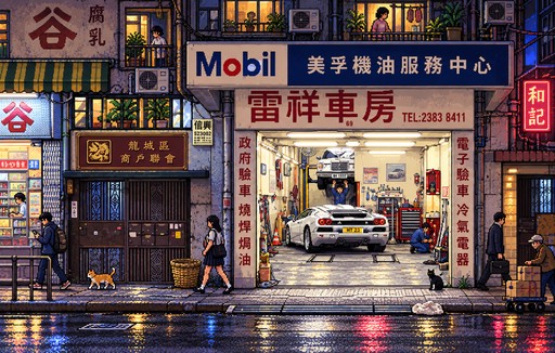 Pixel art of a city street with a garage, storefronts, and cars at night.