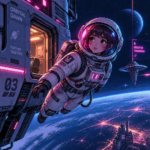 Young girl astronaut floats by her space ship
