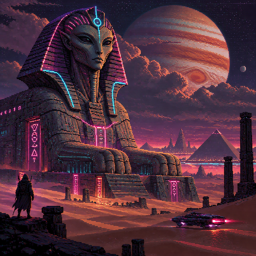 An alien sphinx in the desert with jupiter in sky behind clouds